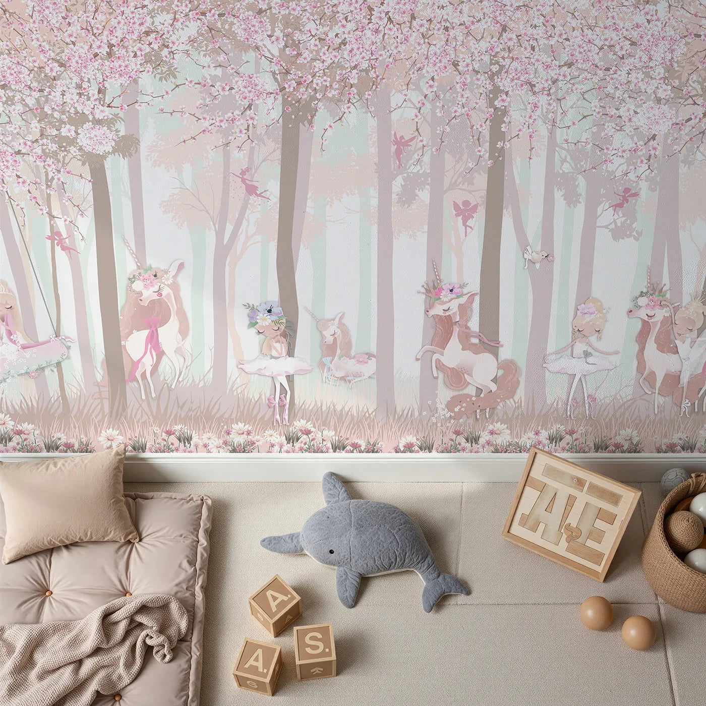 Top-down view of Whimsy Tots' Unicorn Blossom Forest Wall Mural (Turn Their Room into an Enchanted, Fairytale Woodland).Best for Girls