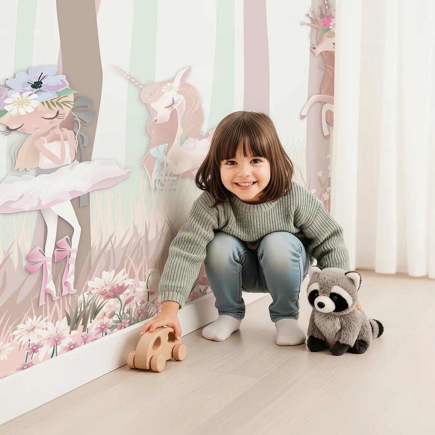 Child in front of Whimsy Tots Unicorn Blossom Forest Wall Mural with unicorn, forest, blossom, pink, fairytale, ballerina, magical, cute in design.