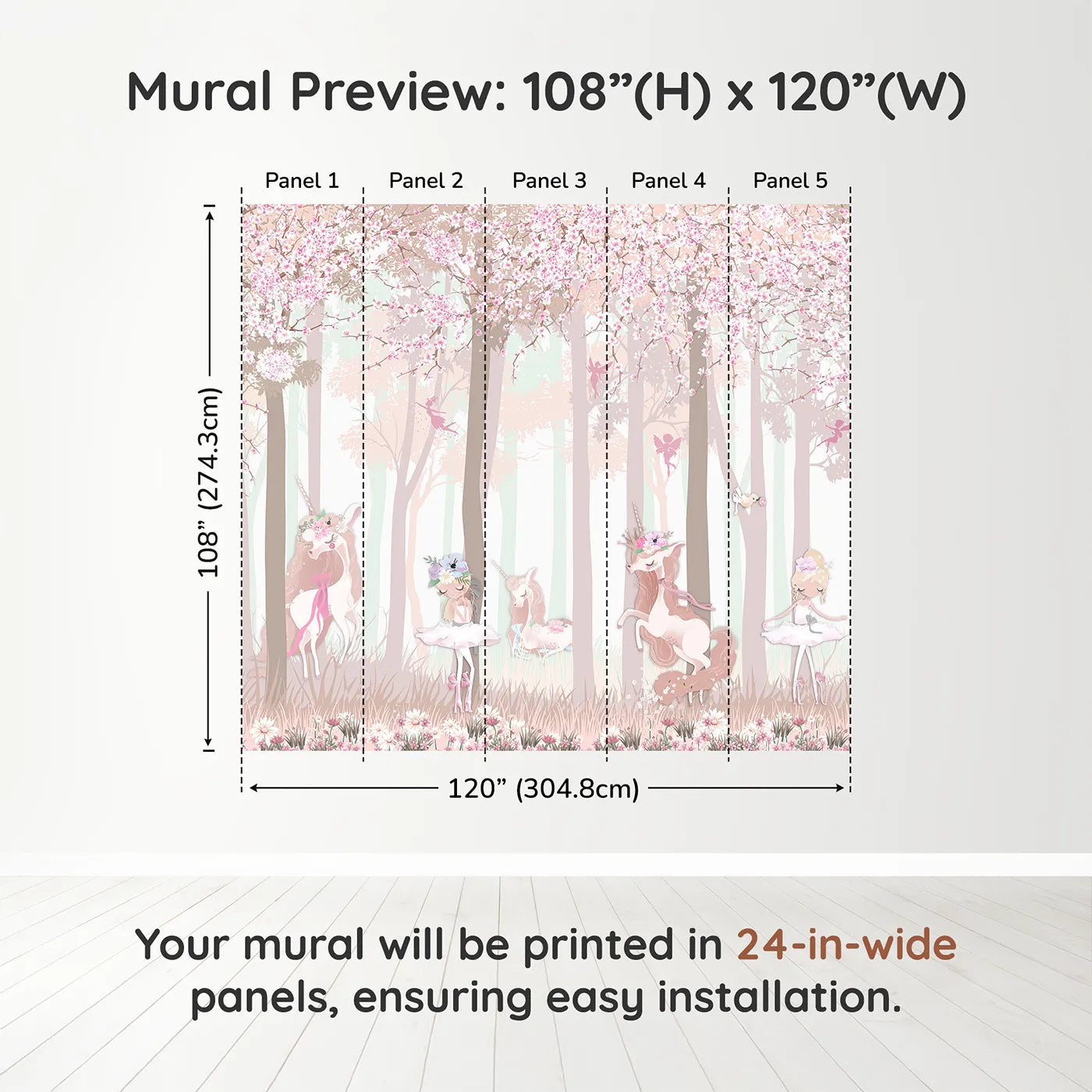 Whimsy Tots Unicorn Blossom Forest Wall Muraldimension view (108" H x 120" W). Printed in five 24-inch-wide panels. Best for Girls