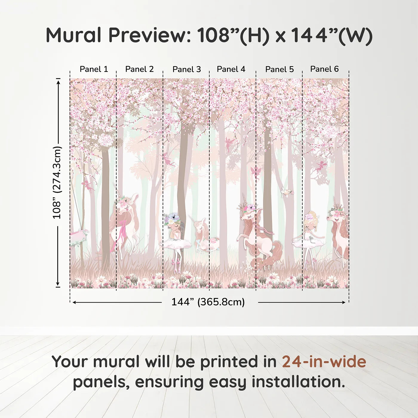 Whimsy Tots Unicorn Blossom Forest Wall Muraldimension view (108" H x 144" W). Printed in six 24-inch-wide panels. Best for Girls