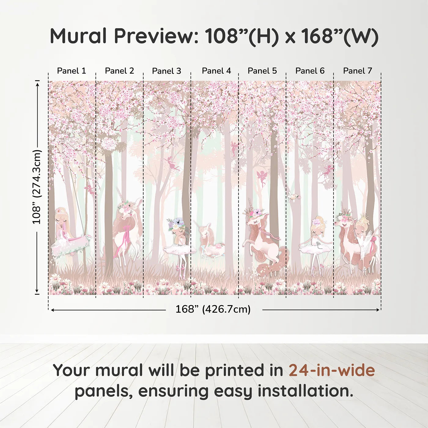 Whimsy Tots Unicorn Blossom Forest Wall Muraldimension view (108" H x 168" W). Printed in seven 24-inch-wide panels. Best for Girls