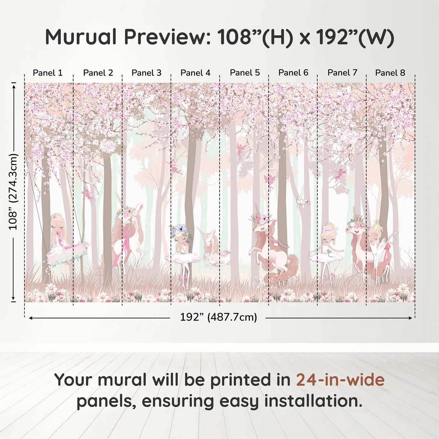 Whimsy Tots Unicorn Blossom Forest Wall Muraldimension view (108" H x 192" W). Printed in eight 24-inch-wide panels. Best for Girls