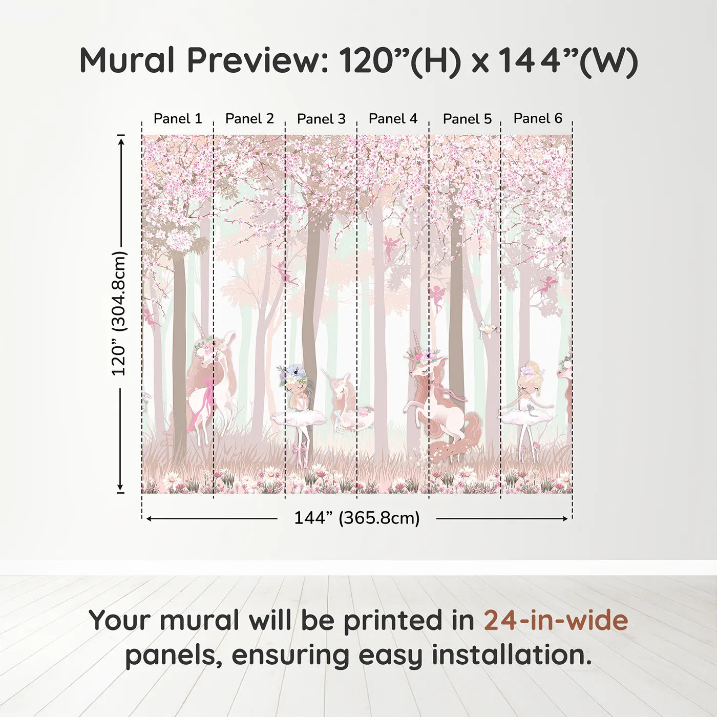 Whimsy Tots Unicorn Blossom Forest Wall Muraldimension view (120" H x 144" W). Printed in six 24-inch-wide panels. Best for Girls