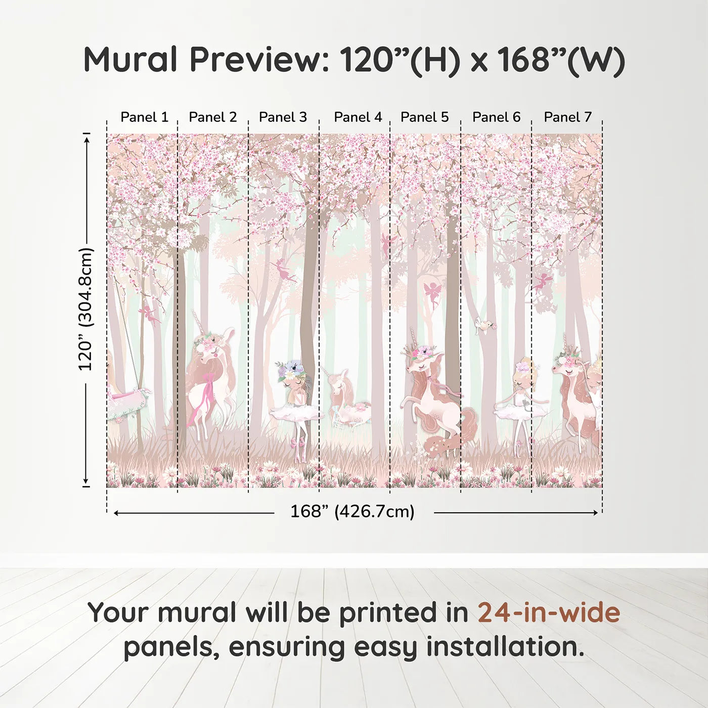 Whimsy Tots Unicorn Blossom Forest Wall Muraldimension view (120" H x 168" W). Printed in seven 24-inch-wide panels. Best for Girls
