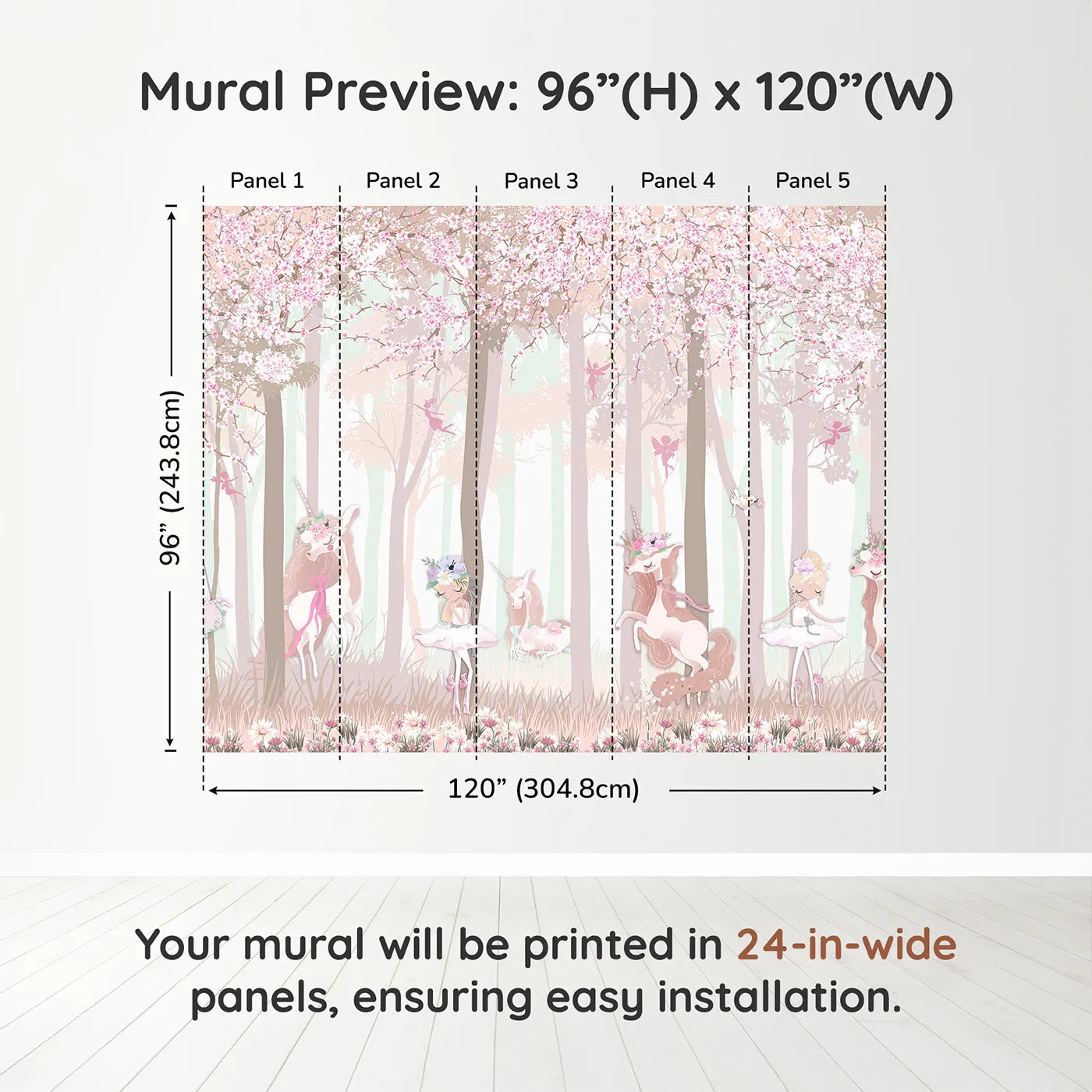 Whimsy Tots Unicorn Blossom Forest Wall Muraldimension view (96" H x 120" W). Printed in five 24-inch-wide panels. Best for Girls