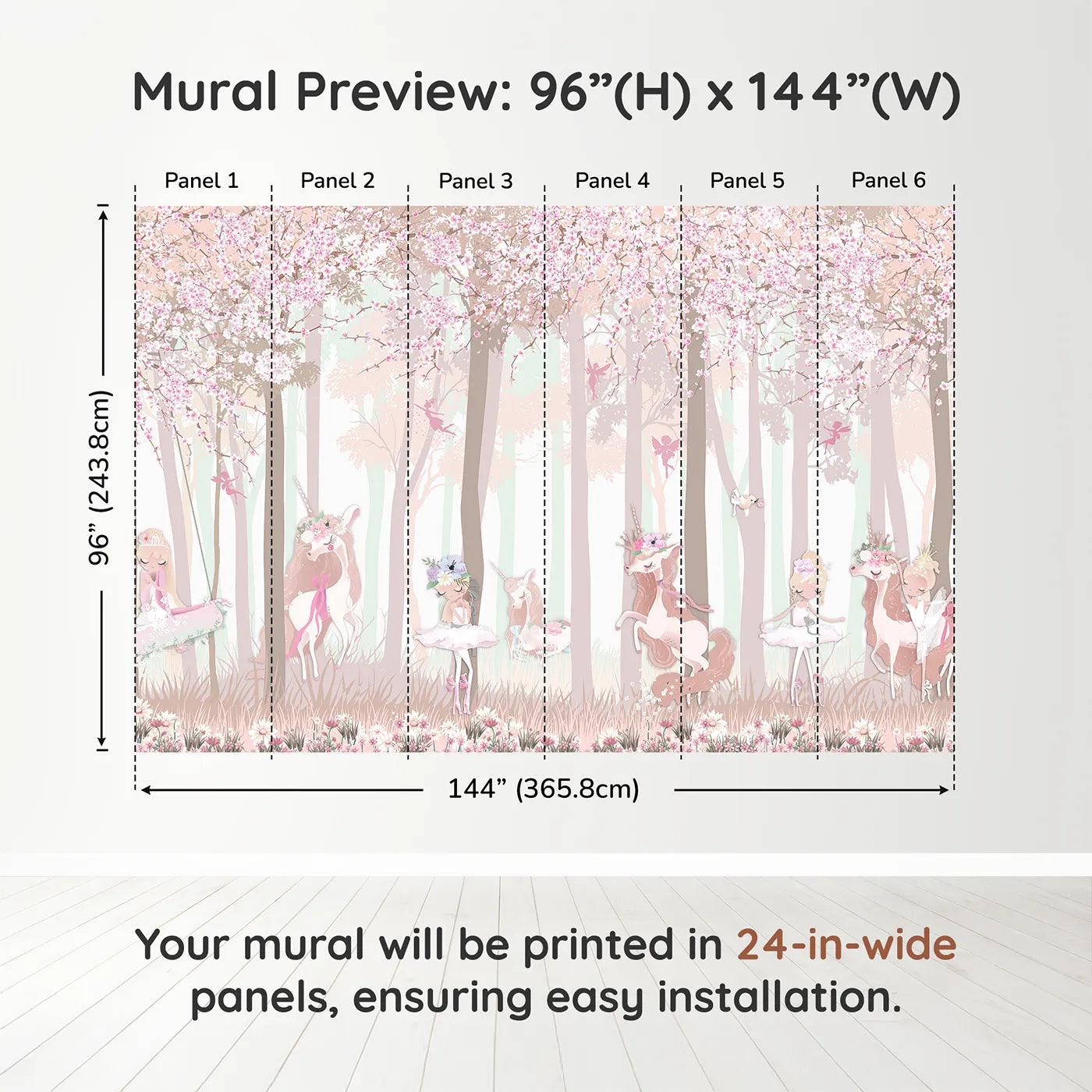 Whimsy Tots Unicorn Blossom Forest Wall Muraldimension view (96" H x 144" W). Printed in six 24-inch-wide panels. Best for Girls