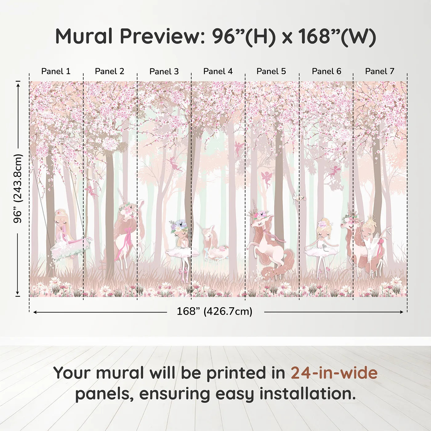 Whimsy Tots Unicorn Blossom Forest Wall Muraldimension view (96" H x 168" W). Printed in seven 24-inch-wide panels. Best for Girls