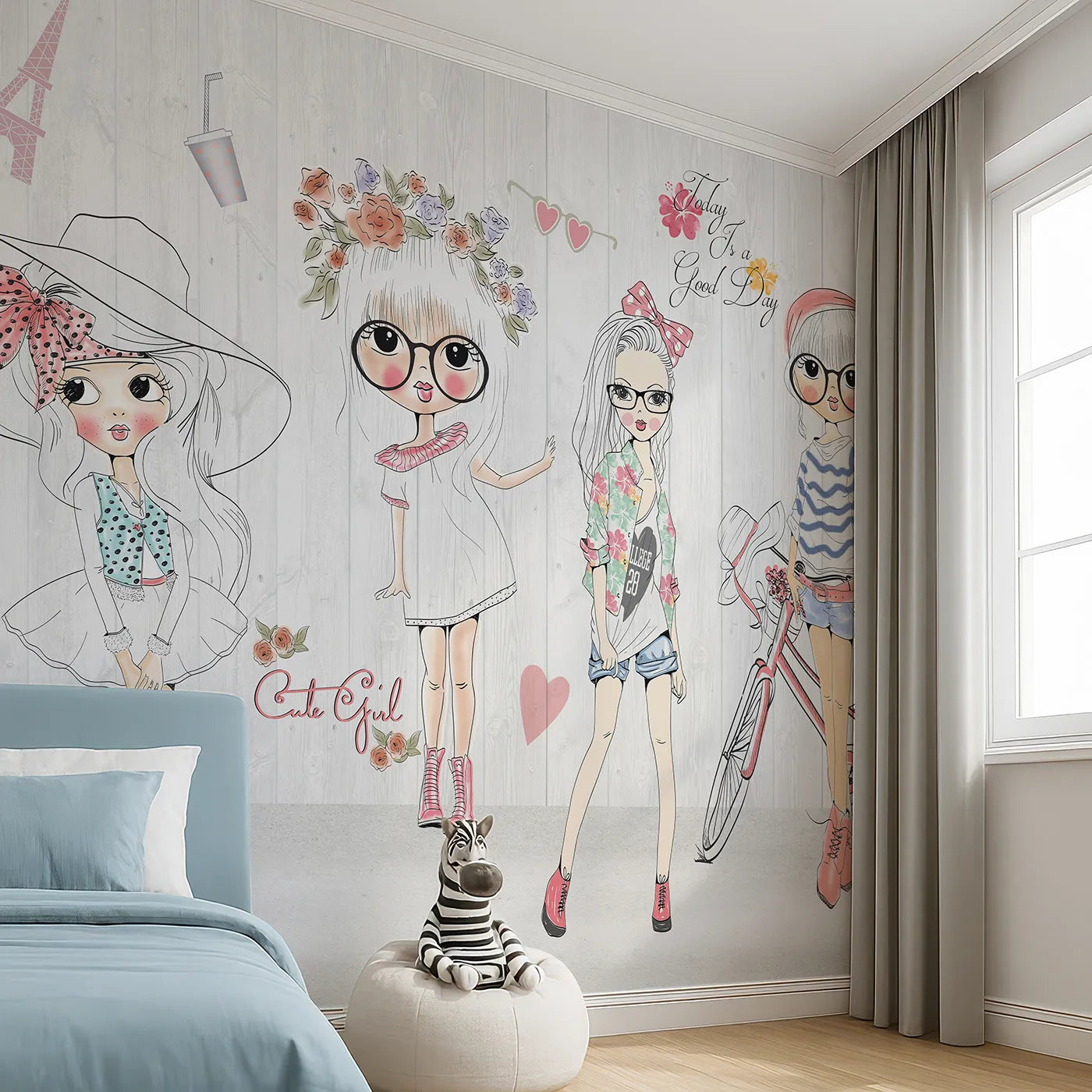 Angled view of Whimsy Tots' Fashion Girls Wall Mural (Turn Their Room into a Chic and Stylish Parisian Street).Best for Girls