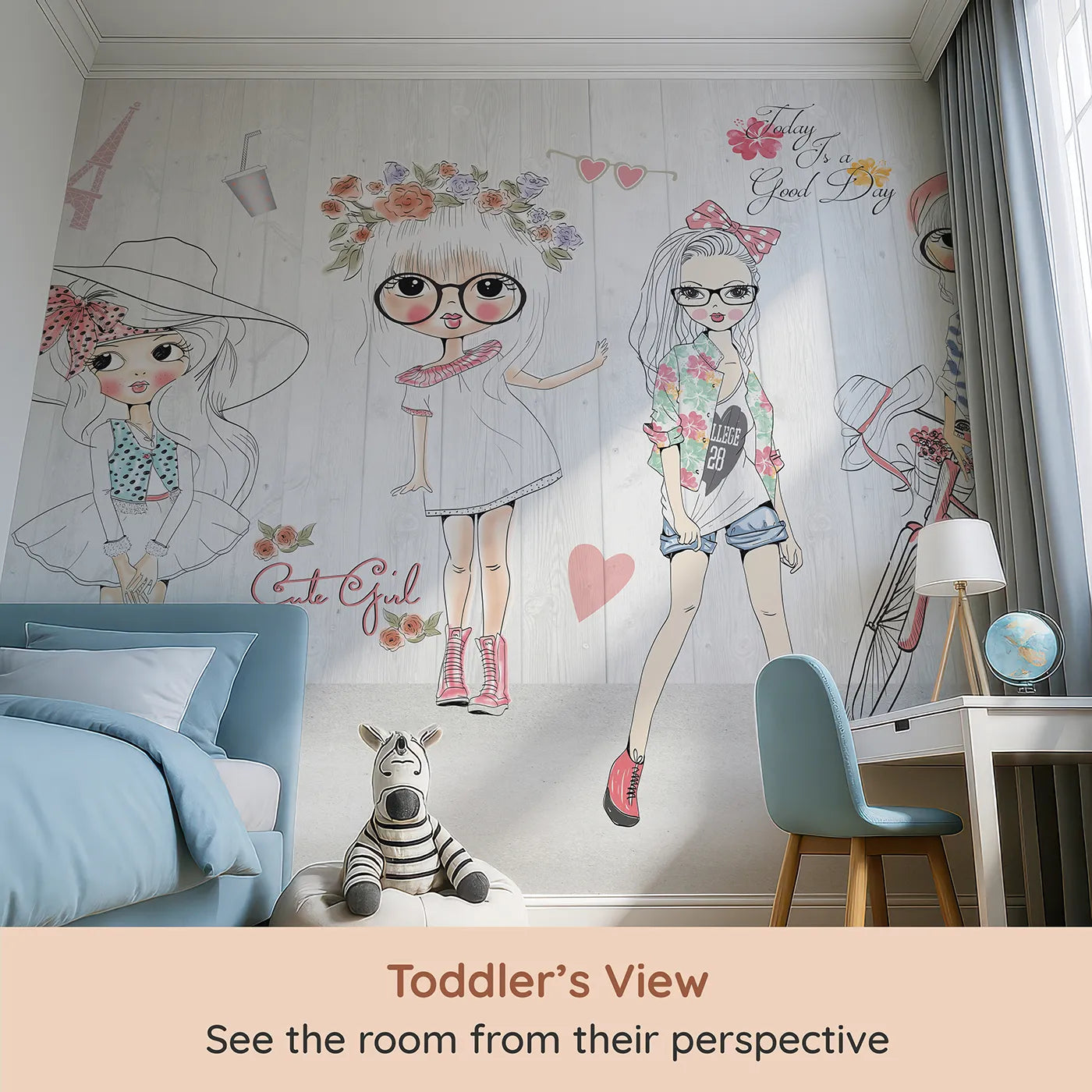Whimsy Tots Fashion Girls Wall Mural (Turn Their Room into a Chic and Stylish Parisian Street) from your child's view.Best for Girls