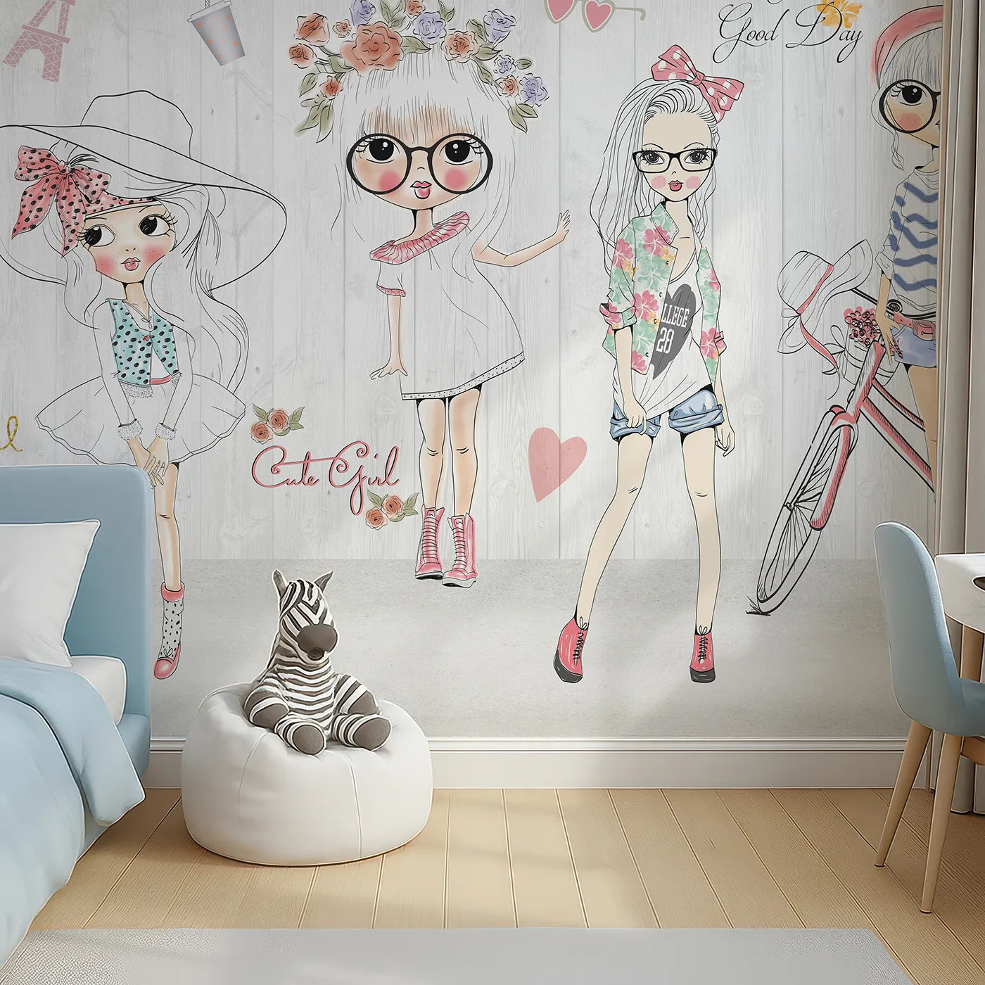 Top-down view of Whimsy Tots' Fashion Girls Wall Mural (Turn Their Room into a Chic and Stylish Parisian Street).Best for Girls