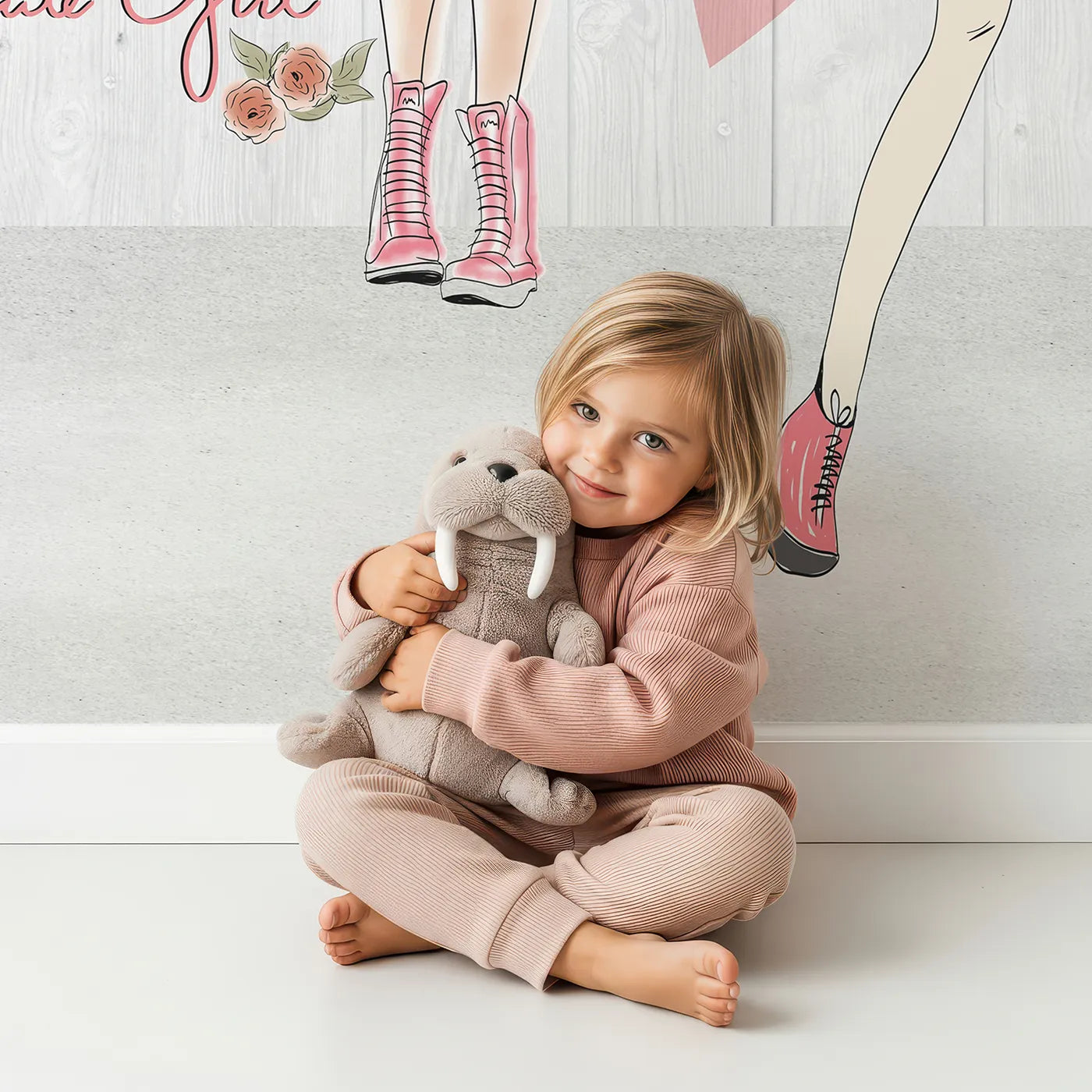 Child in front of Whimsy Tots Fashion Girls Wall Mural with girl, fashion, cute, paris, style, modern, doodle, cat in design.