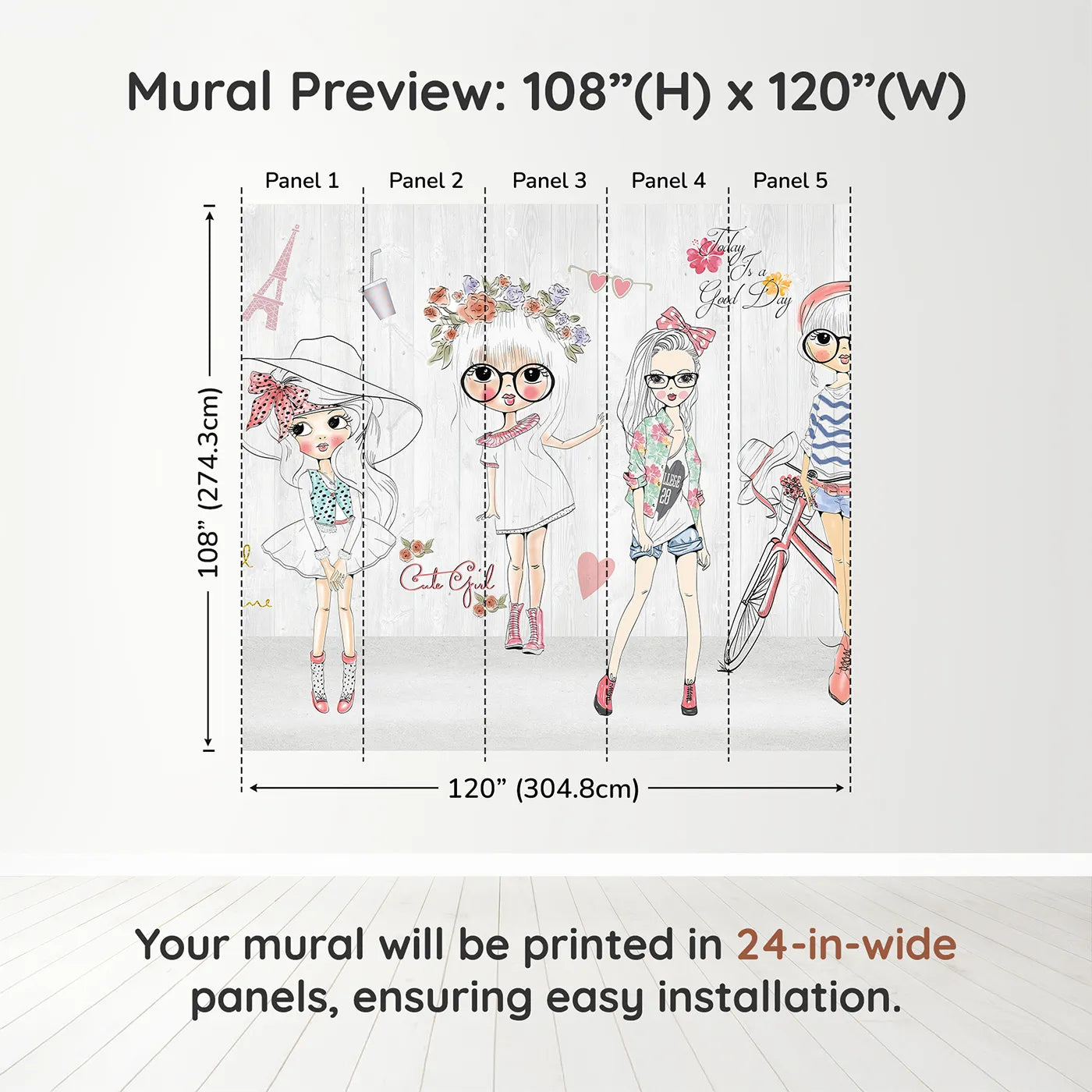 Whimsy Tots Fashion Girls Wall Muraldimension view (108" H x 120" W). Printed in five 24-inch-wide panels. Best for Girls