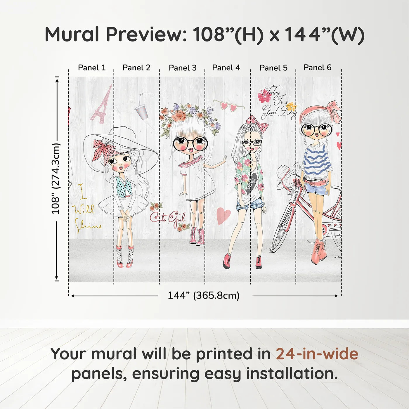 Whimsy Tots Fashion Girls Wall Muraldimension view (108" H x 144" W). Printed in six 24-inch-wide panels. Best for Girls