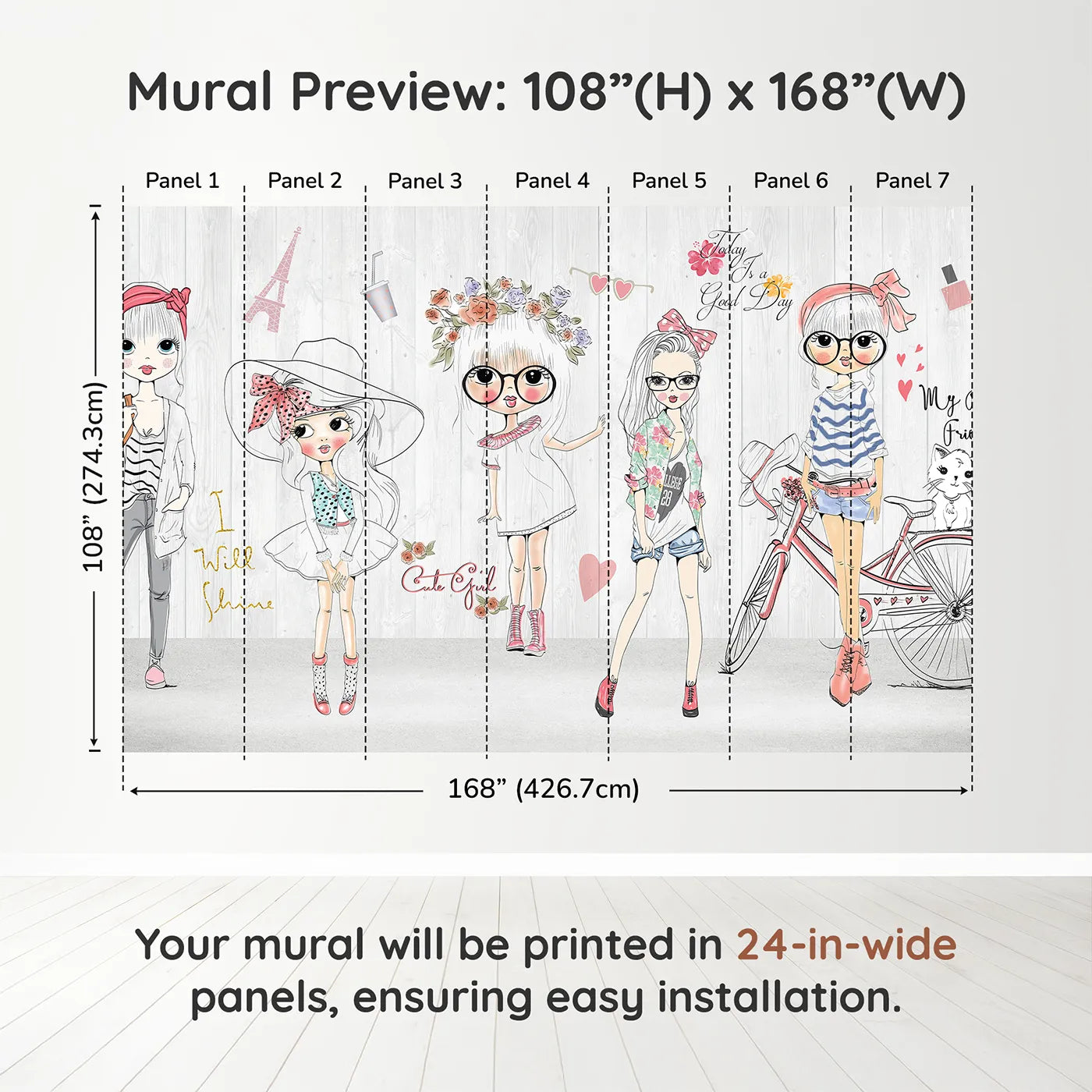 Whimsy Tots Fashion Girls Wall Muraldimension view (108" H x 168" W). Printed in seven 24-inch-wide panels. Best for Girls