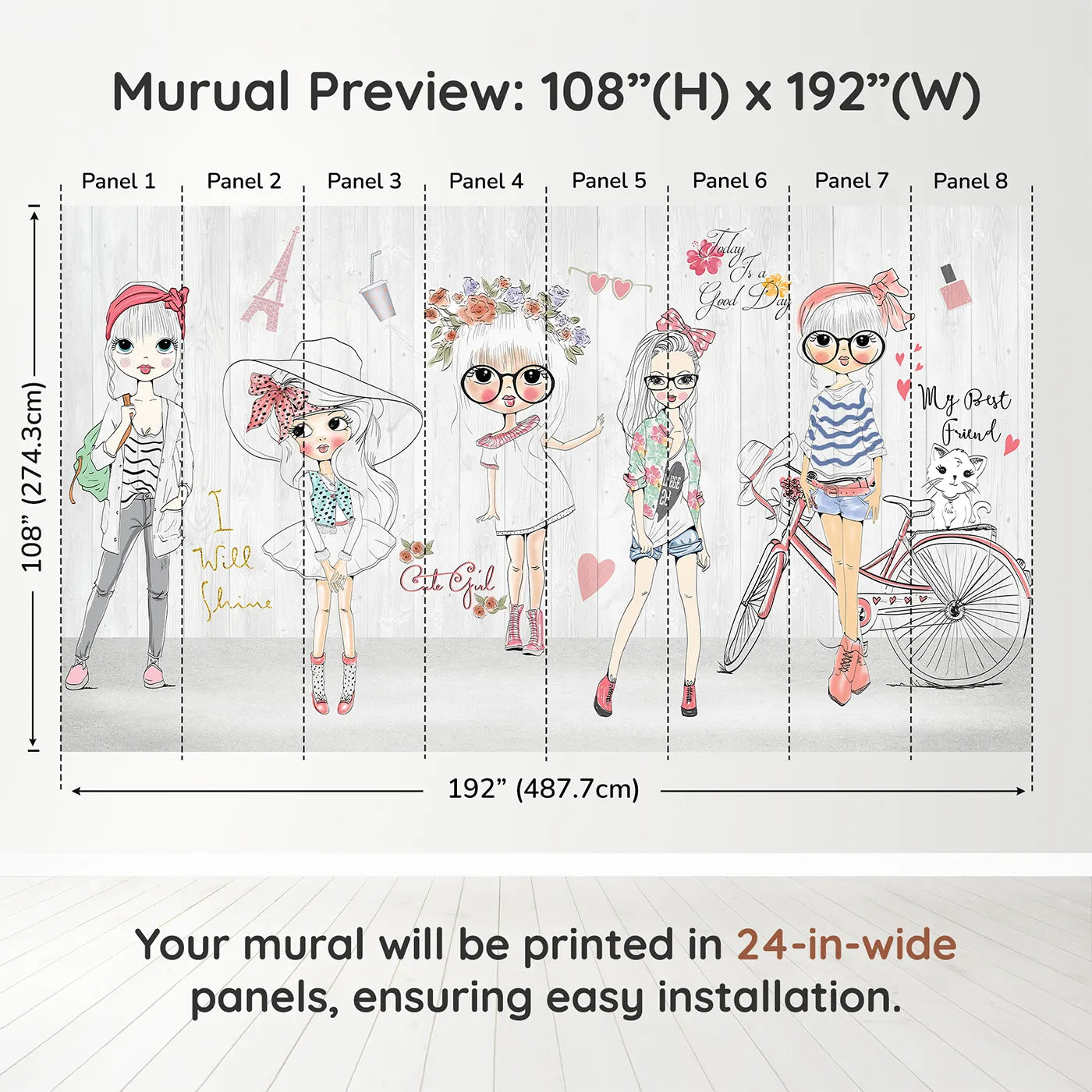 Whimsy Tots Fashion Girls Wall Muraldimension view (108" H x 192" W). Printed in eight 24-inch-wide panels. Best for Girls