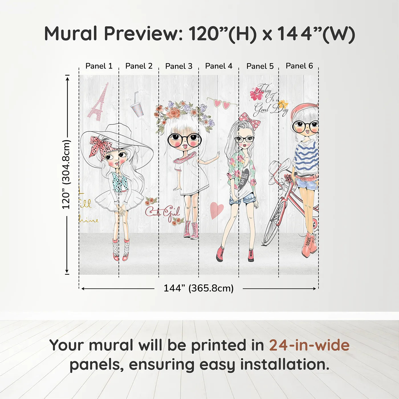 Whimsy Tots Fashion Girls Wall Muraldimension view (120" H x 144" W). Printed in six 24-inch-wide panels. Best for Girls