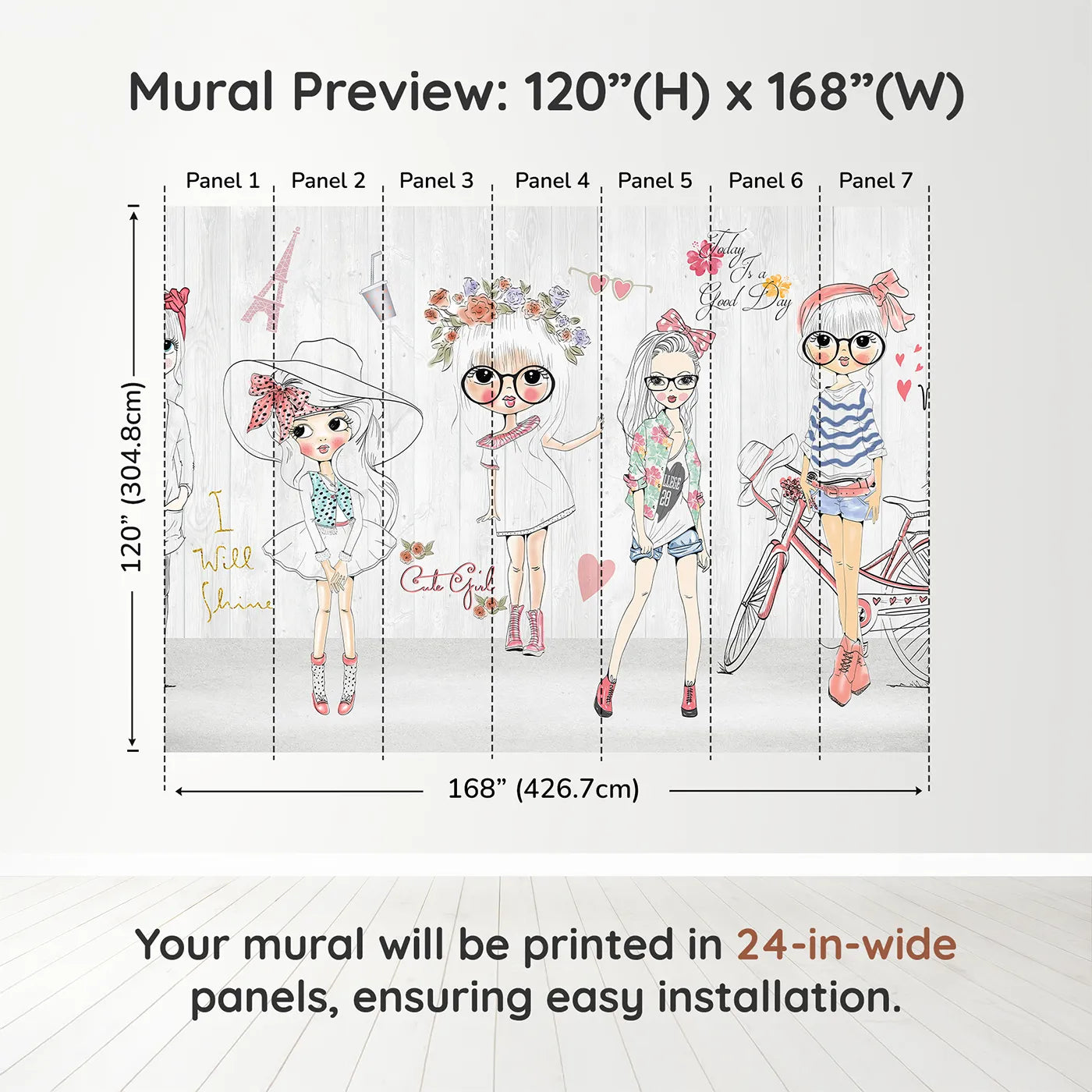 Whimsy Tots Fashion Girls Wall Muraldimension view (120" H x 168" W). Printed in seven 24-inch-wide panels. Best for Girls