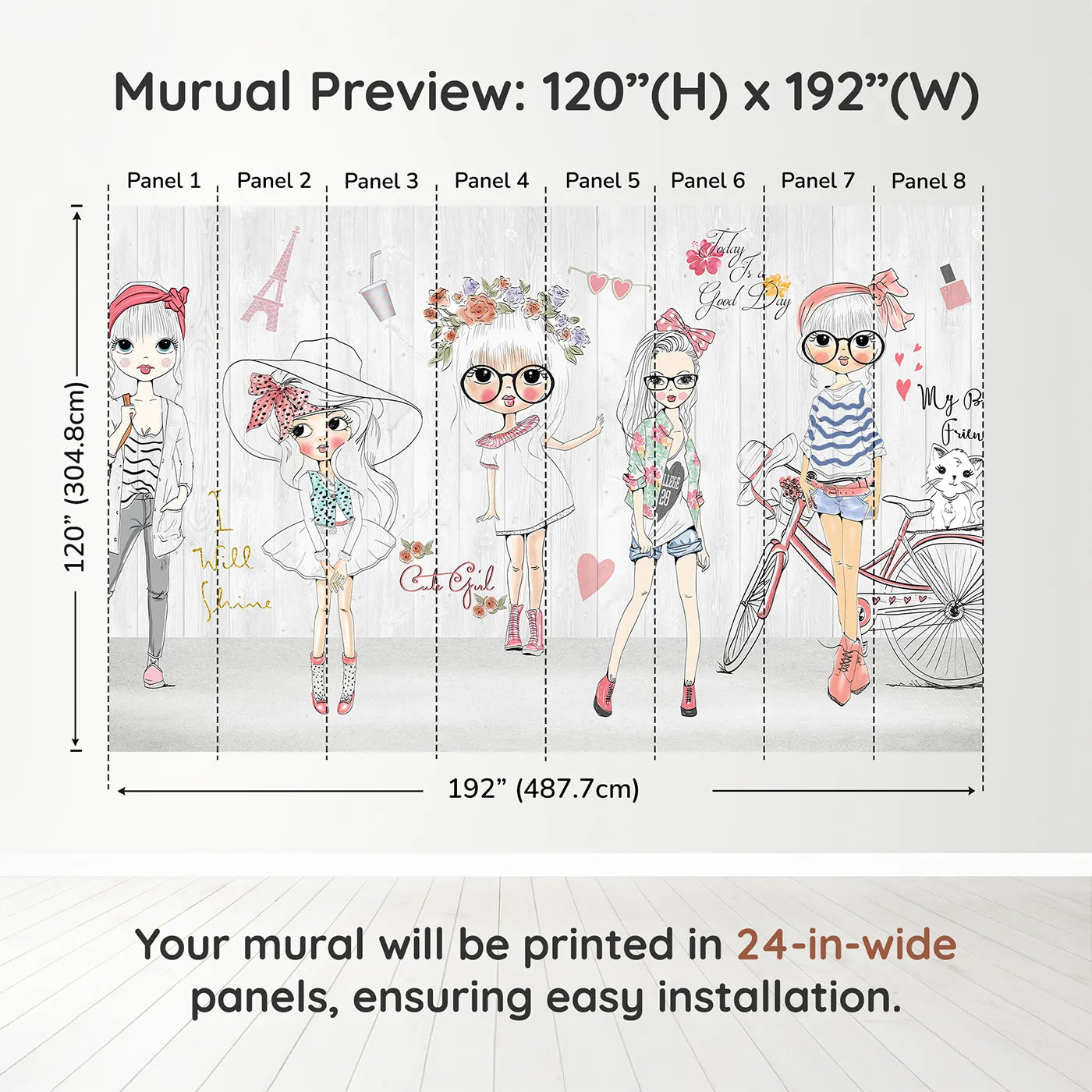 Whimsy Tots Fashion Girls Wall Muraldimension view (120" H x 192" W). Printed in eight 24-inch-wide panels. Best for Girls