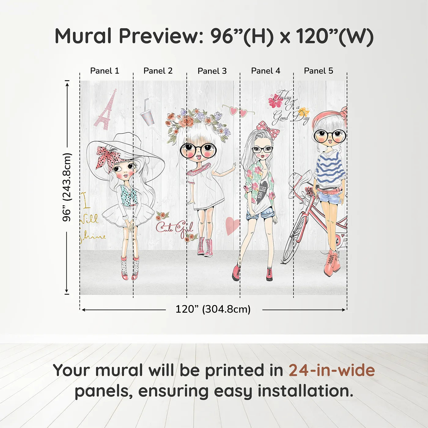 Whimsy Tots Fashion Girls Wall Muraldimension view (96" H x 120" W). Printed in five 24-inch-wide panels. Best for Girls