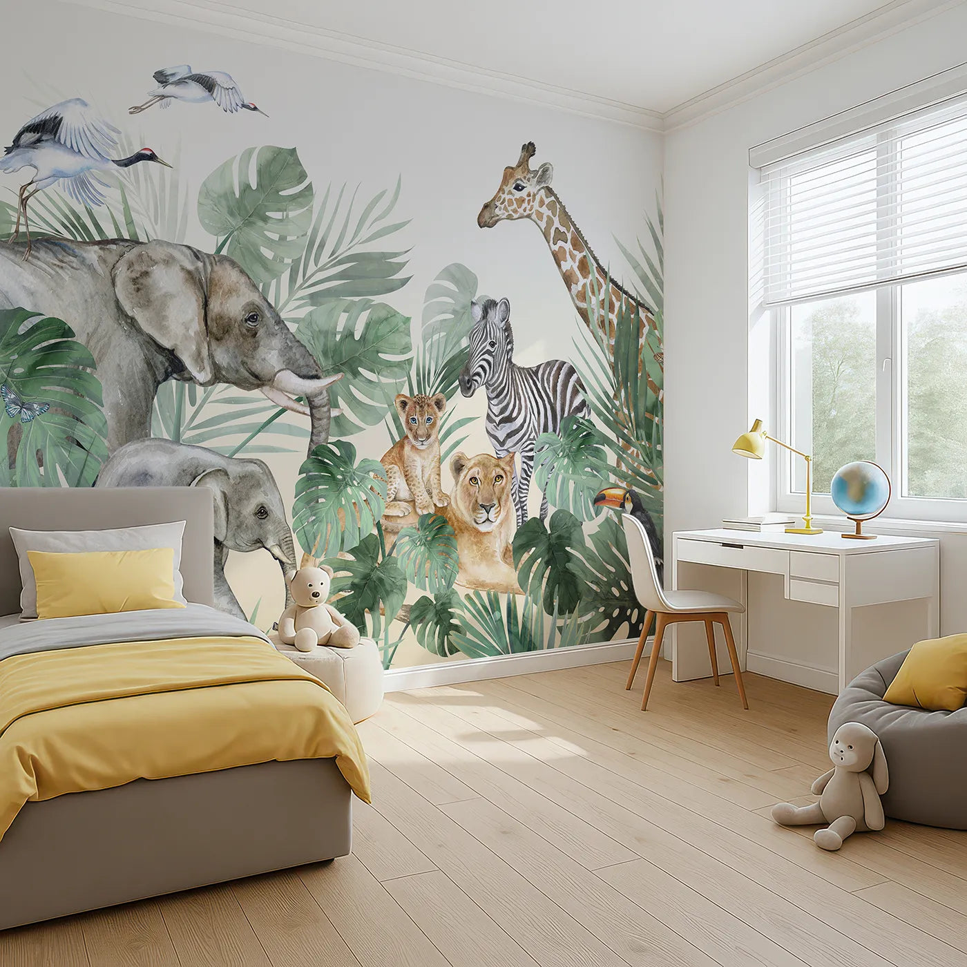 Angled view of Whimsy Tots' Watercolor Safari Gathering Wall Mural (Turn Their Room into a Majestic, Painted Jungle).Gender-Neutral