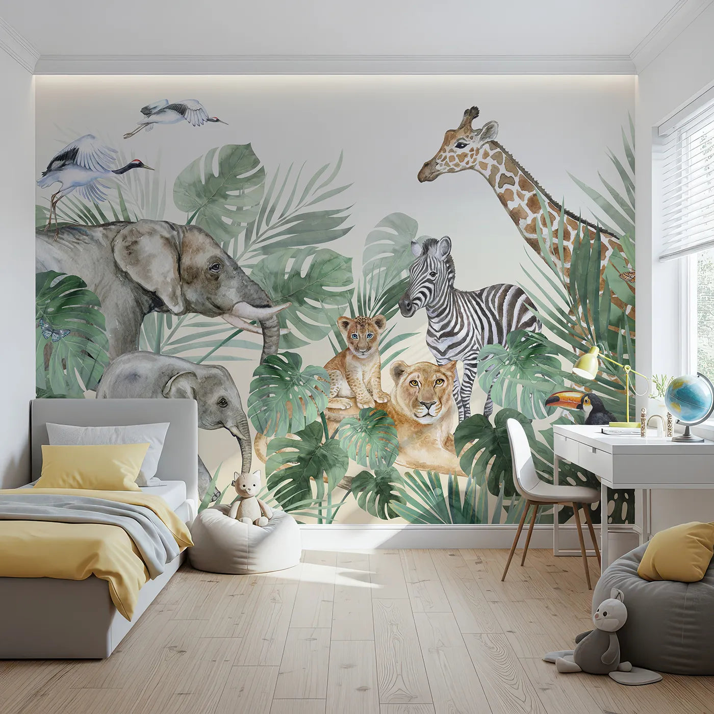 Front view of Whimsy Tots' Watercolor Safari Gathering Wall Mural