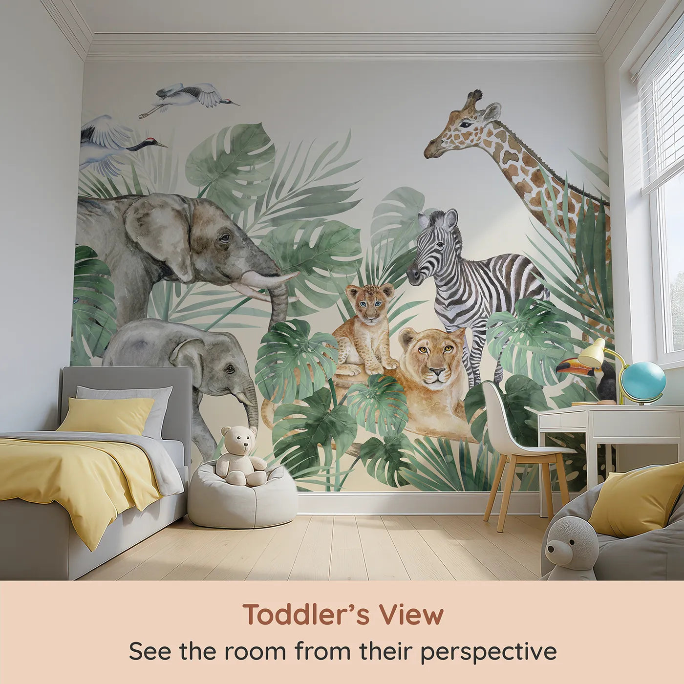 Whimsy Tots Watercolor Safari Gathering Wall Mural (Turn Their Room into a Majestic, Painted Jungle) from your child's view.Gender-Neutral