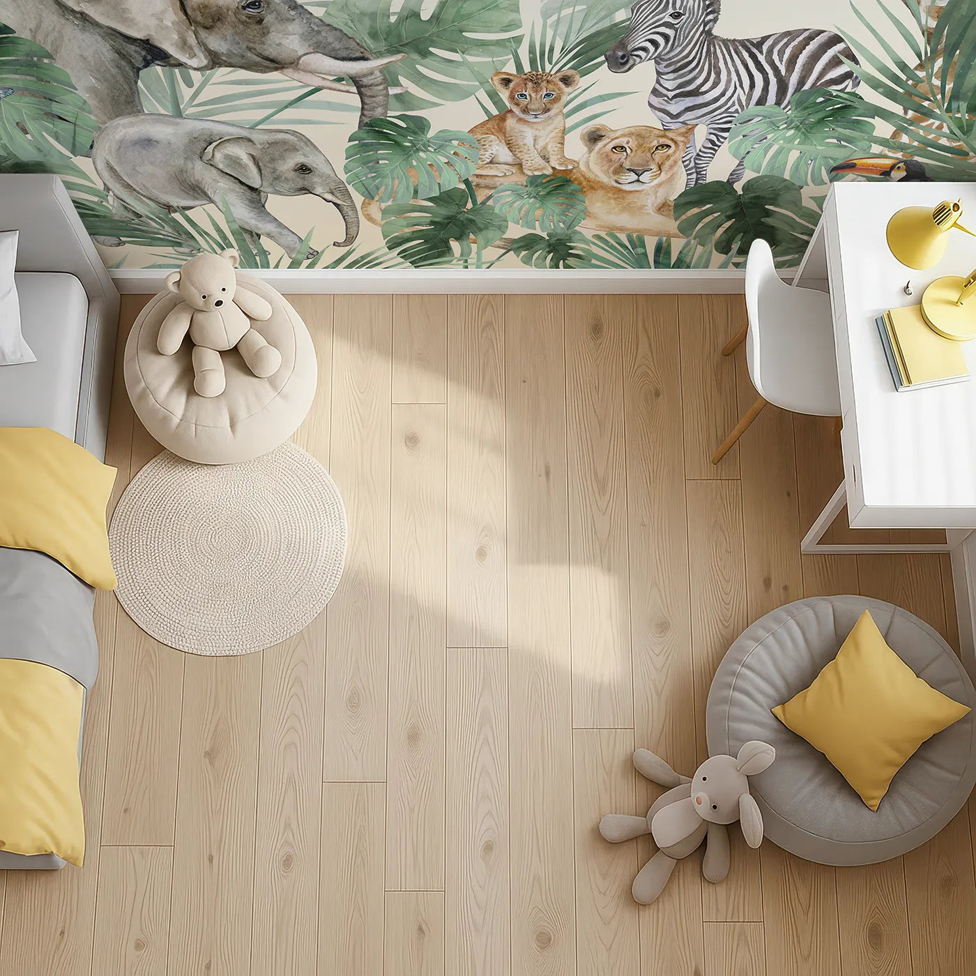 Top-down view of Whimsy Tots' Watercolor Safari Gathering Wall Mural (Turn Their Room into a Majestic, Painted Jungle).Gender-Neutral