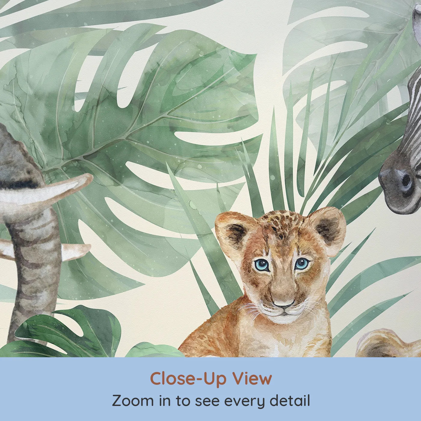 Close-up view of Whimsy Tots' Watercolor Safari Gathering Wall Mural (Turn Their Room into a Majestic, Painted Jungle).Gender-Neutral