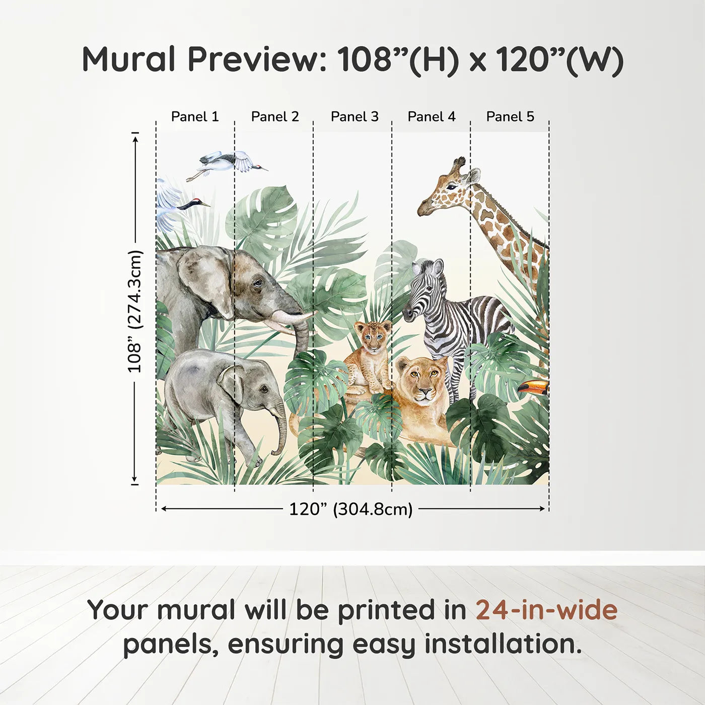 Whimsy Tots Watercolor Safari Gathering Wall Muraldimension view (108" H x 120" W). Printed in five 24-inch-wide panels. Gender-Neutral