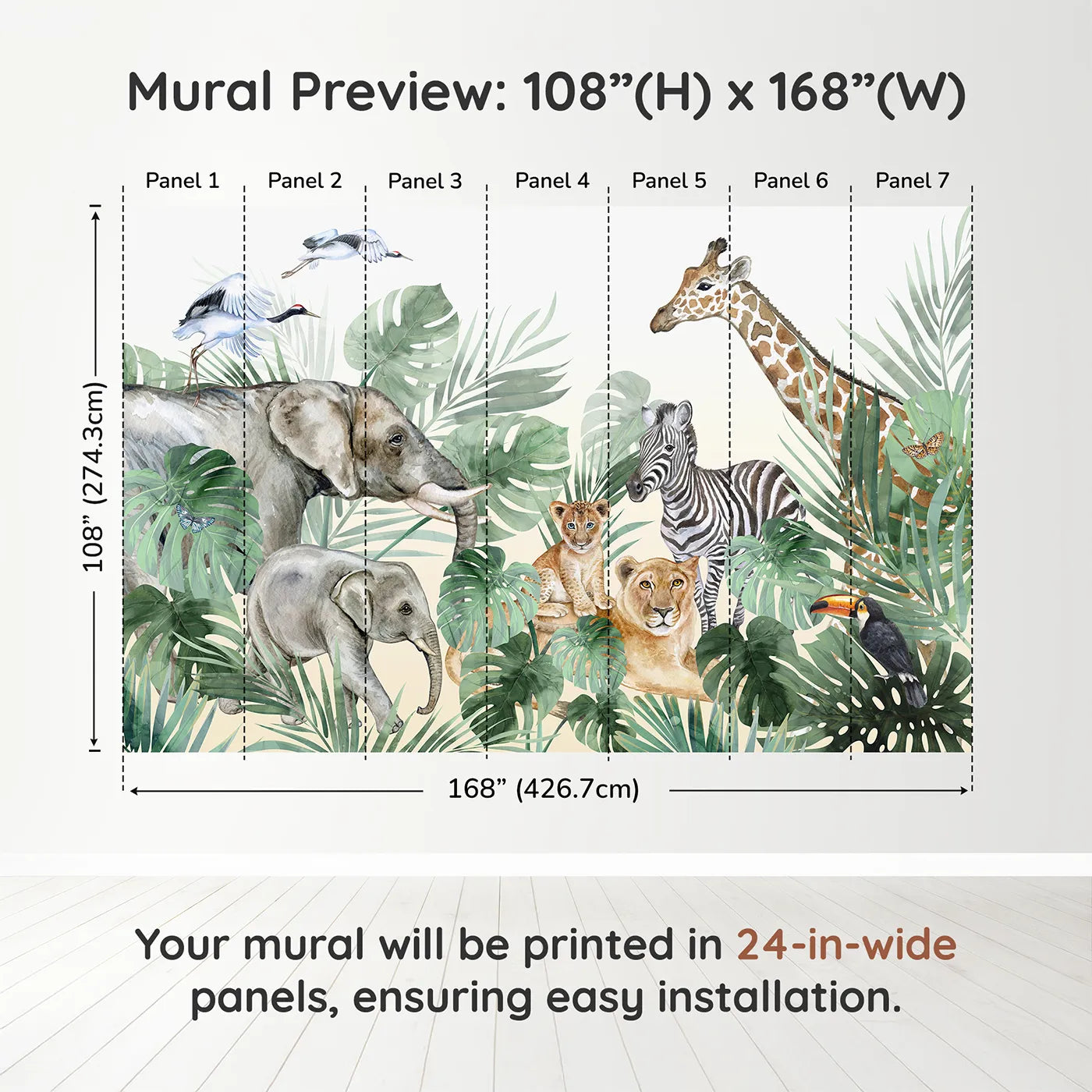 Whimsy Tots Watercolor Safari Gathering Wall Muraldimension view (108" H x 168" W). Printed in seven 24-inch-wide panels. Gender-Neutral