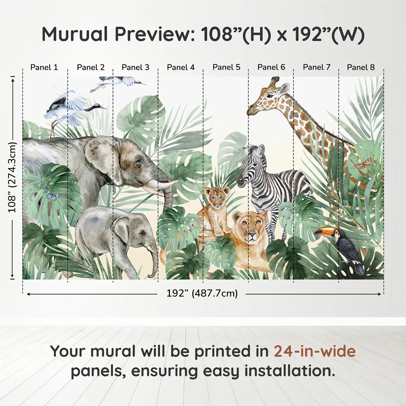 Whimsy Tots Watercolor Safari Gathering Wall Muraldimension view (108" H x 192" W). Printed in eight 24-inch-wide panels. Gender-Neutral