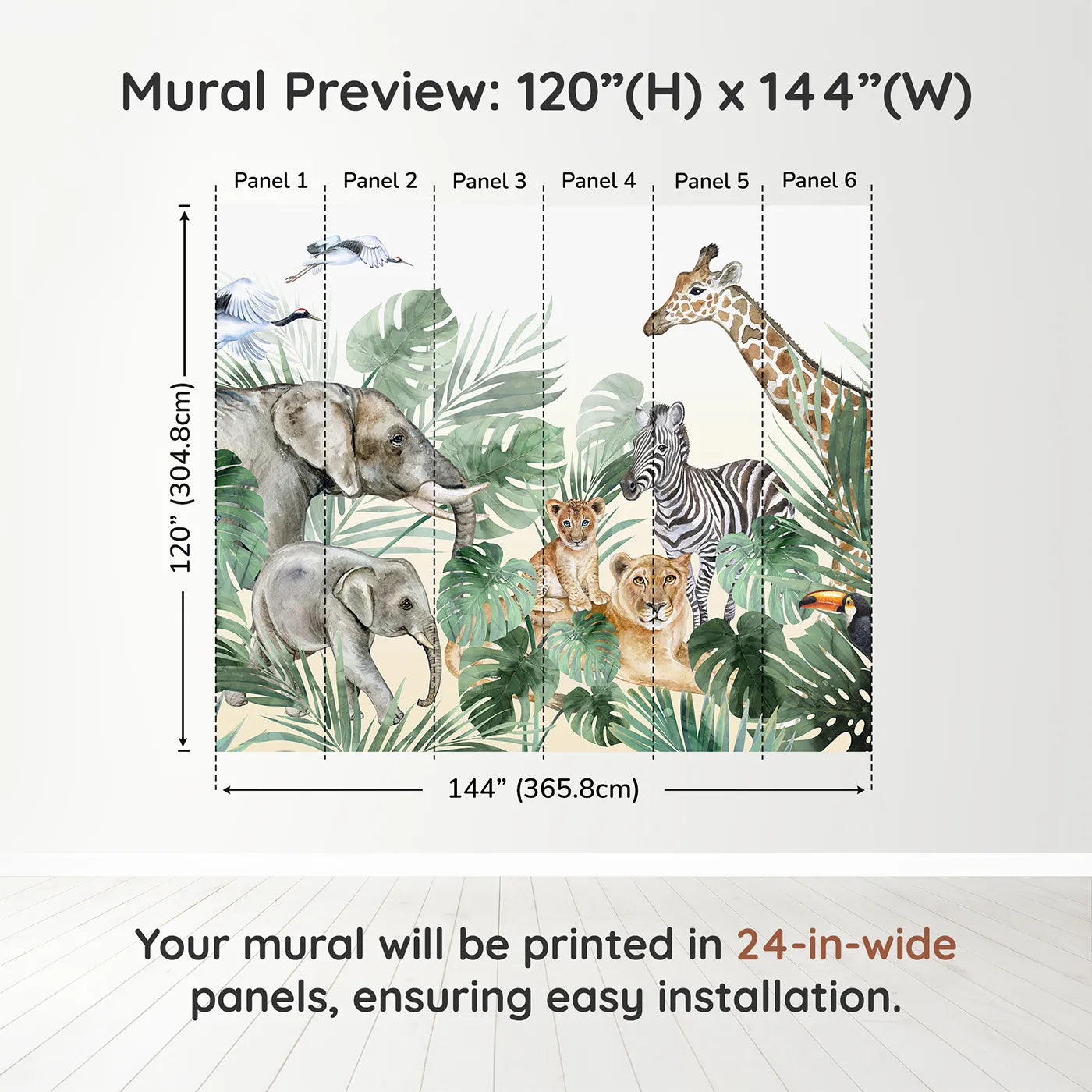 Whimsy Tots Watercolor Safari Gathering Wall Muraldimension view (120" H x 144" W). Printed in six 24-inch-wide panels. Gender-Neutral
