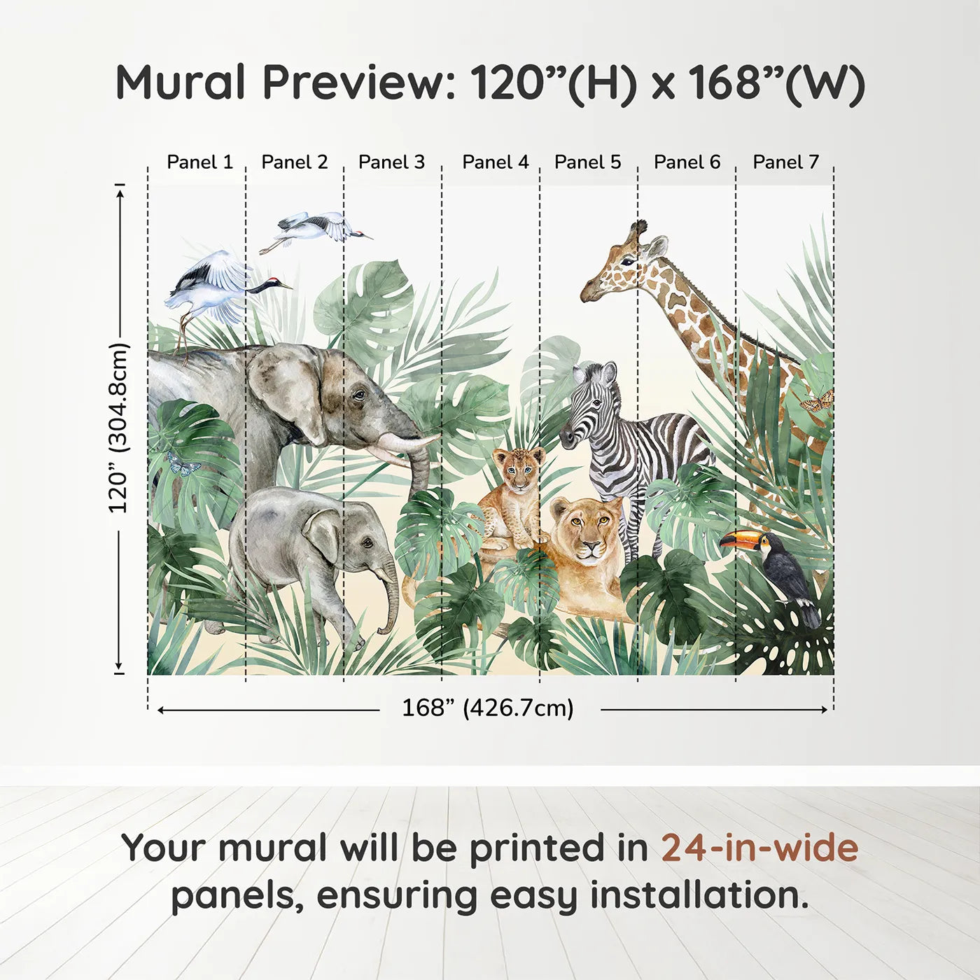 Whimsy Tots Watercolor Safari Gathering Wall Muraldimension view (120" H x 168" W). Printed in seven 24-inch-wide panels. Gender-Neutral