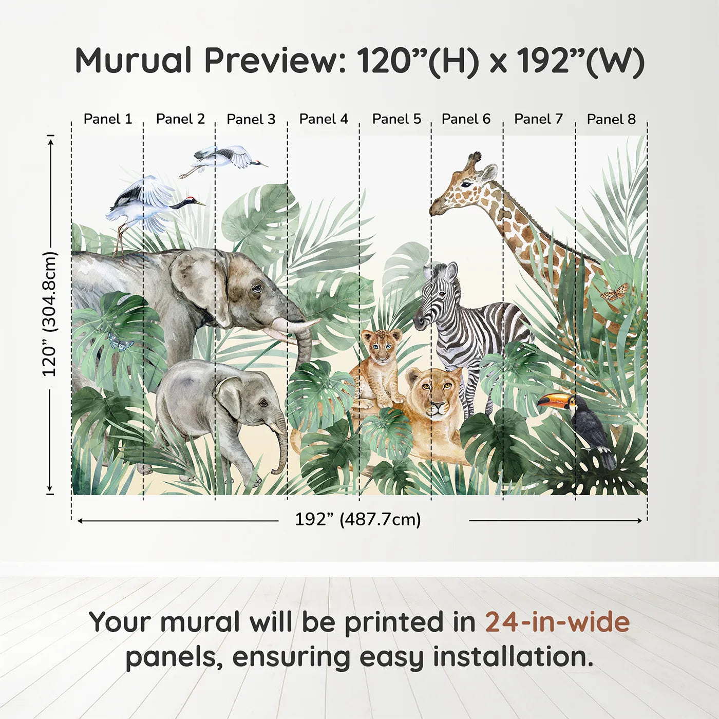 Whimsy Tots Watercolor Safari Gathering Wall Muraldimension view (120" H x 192" W). Printed in eight 24-inch-wide panels. Gender-Neutral