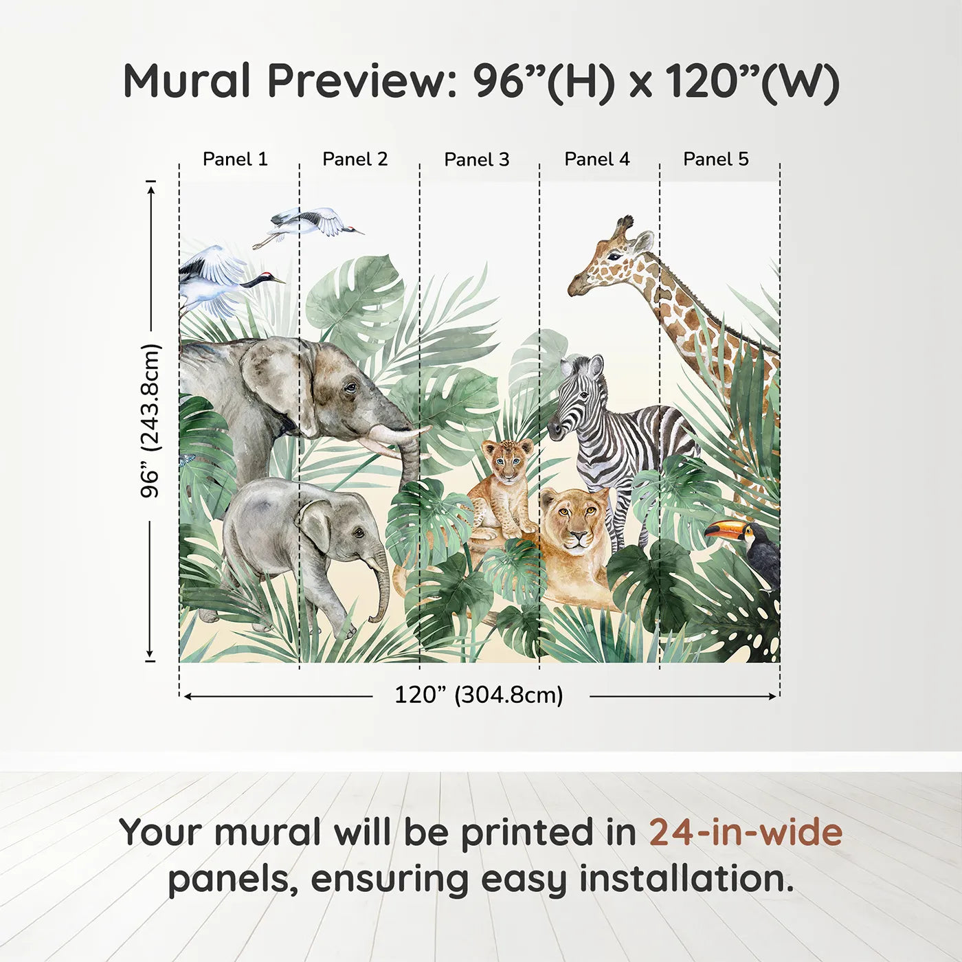 Whimsy Tots Watercolor Safari Gathering Wall Muraldimension view (96" H x 120" W). Printed in five 24-inch-wide panels. Gender-Neutral