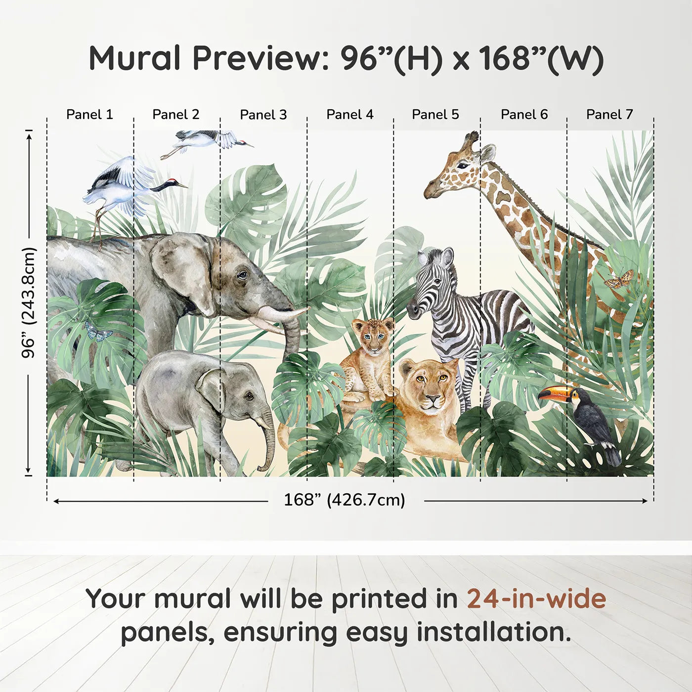 Whimsy Tots Watercolor Safari Gathering Wall Muraldimension view (96" H x 168" W). Printed in seven 24-inch-wide panels. Gender-Neutral