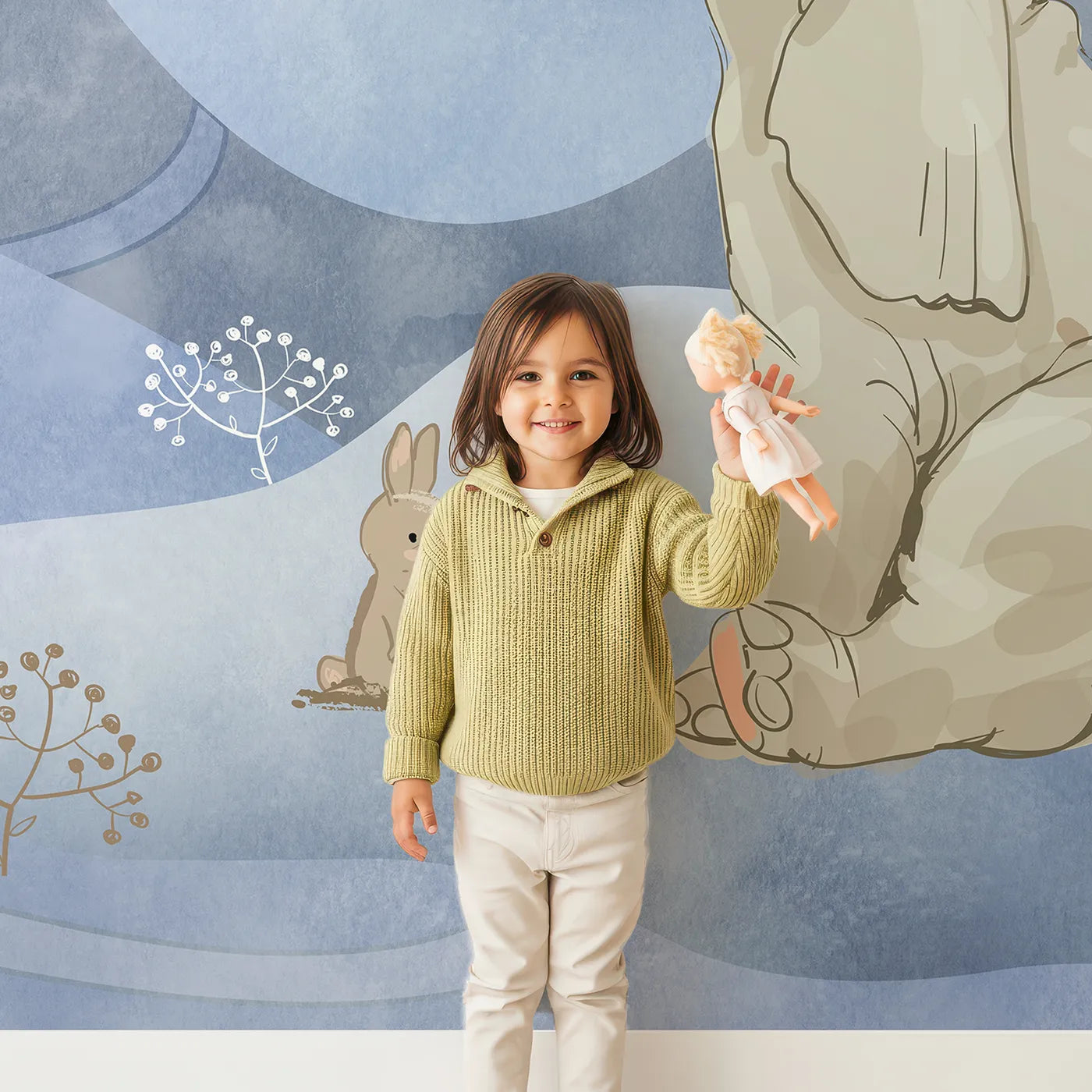 Child in front of Whimsy Tots Elephant and Friends Wall Mural with elephant, rabbit, cute, whimsical, animal, blue, landscape, storybook in design.