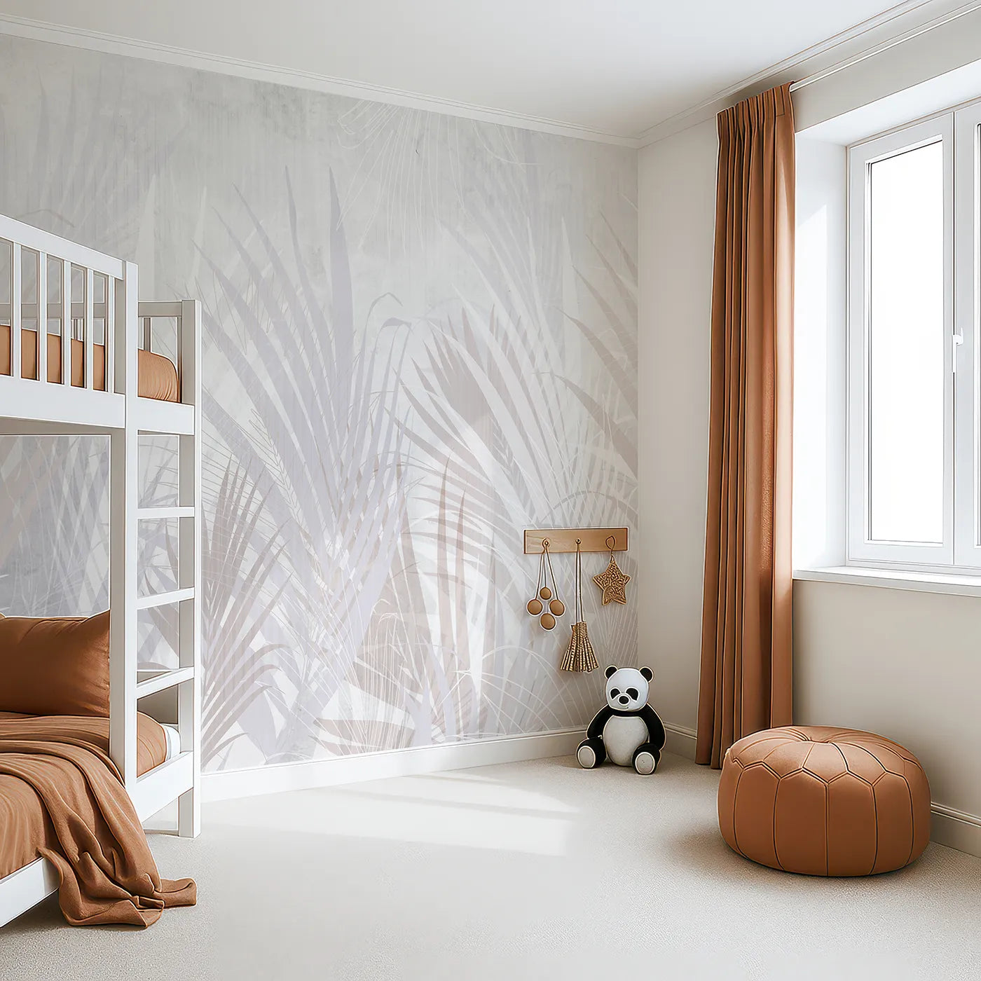 Angled view of Whimsy Tots' Pastel Palm Leaves Wall Mural (Turn Their Room into a Soft and Dreamy Tropical Escape).Gender-Neutral