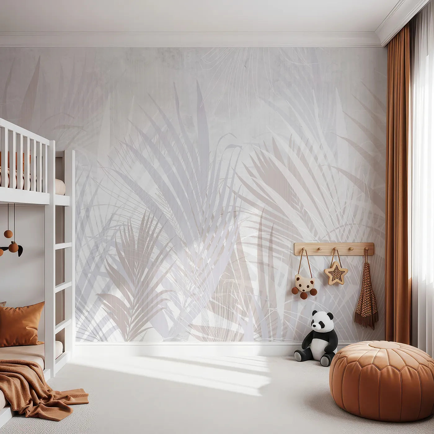 Front view of Whimsy Tots' Pastel Palm Leaves Wall Mural