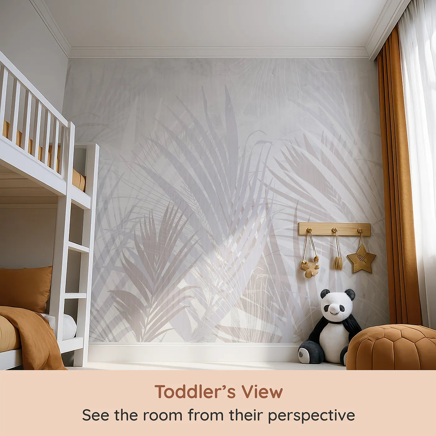 Whimsy Tots Pastel Palm Leaves Wall Mural (Turn Their Room into a Soft and Dreamy Tropical Escape) from your child's view.Gender-Neutral