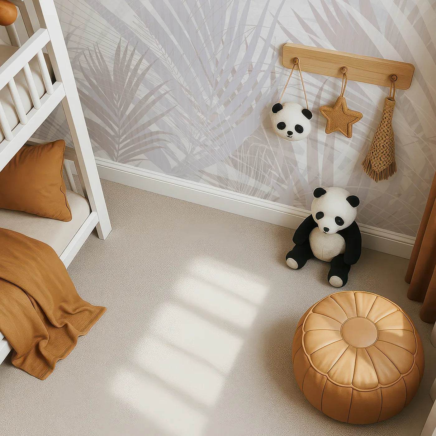 Top-down view of Whimsy Tots' Pastel Palm Leaves Wall Mural (Turn Their Room into a Soft and Dreamy Tropical Escape).Gender-Neutral