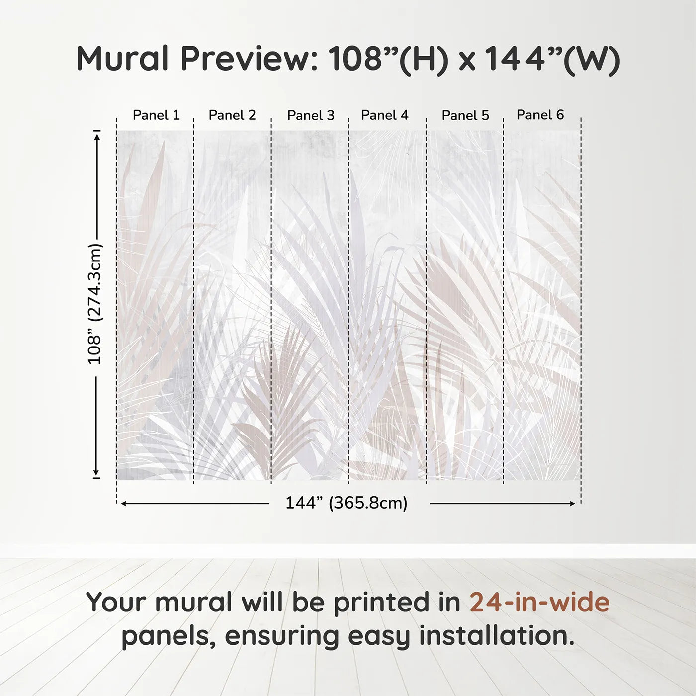 Whimsy Tots Pastel Palm Leaves Wall Muraldimension view (108" H x 144" W). Printed in six 24-inch-wide panels. Gender-Neutral