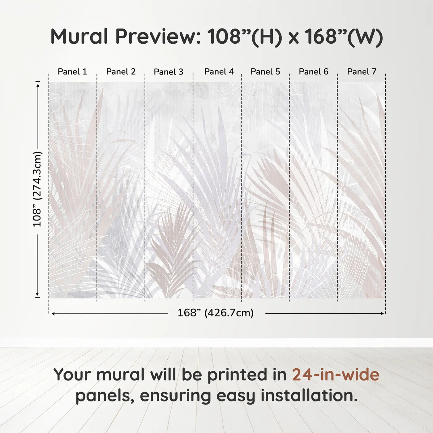 Whimsy Tots Pastel Palm Leaves Wall Muraldimension view (108" H x 168" W). Printed in seven 24-inch-wide panels. Gender-Neutral