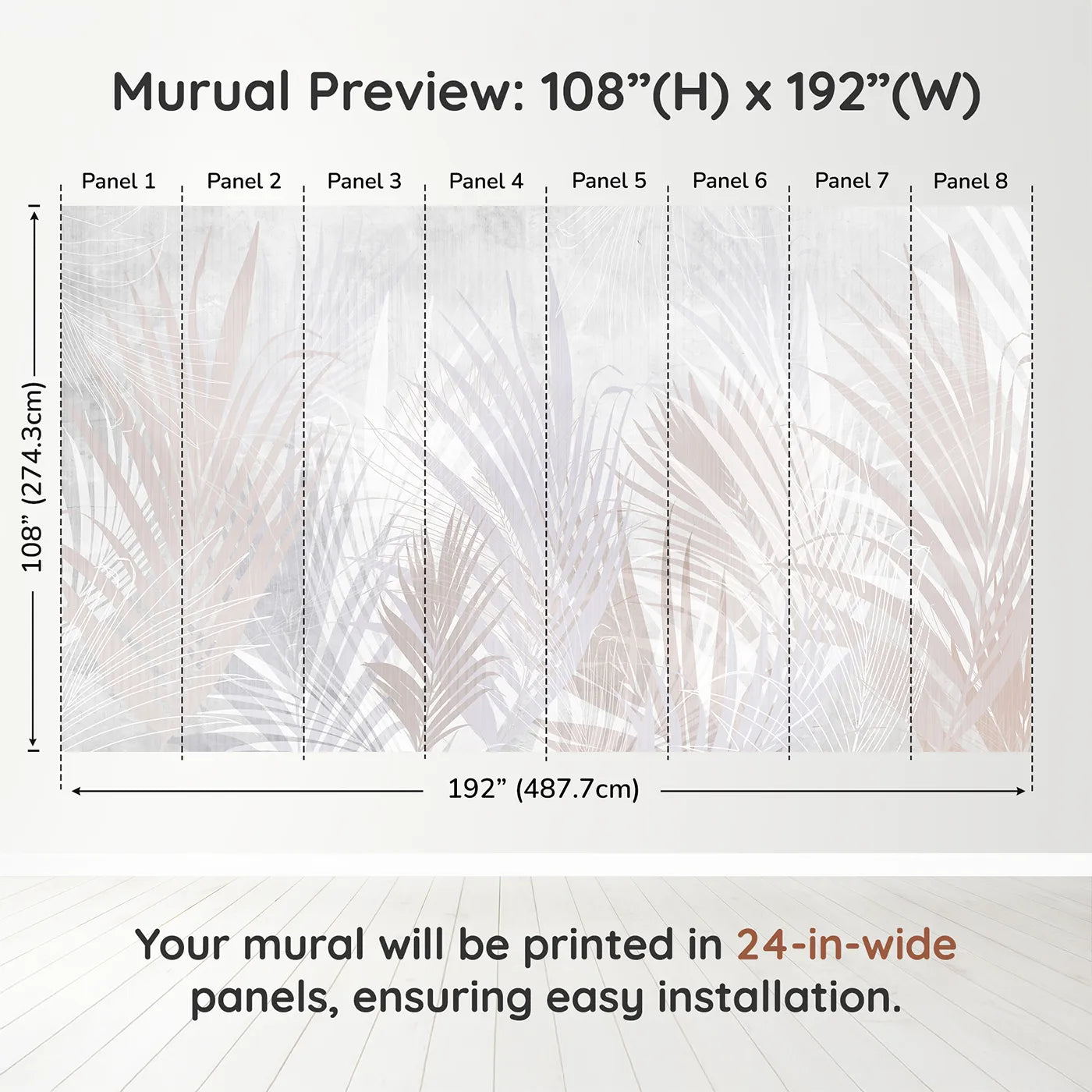 Whimsy Tots Pastel Palm Leaves Wall Muraldimension view (108" H x 192" W). Printed in eight 24-inch-wide panels. Gender-Neutral
