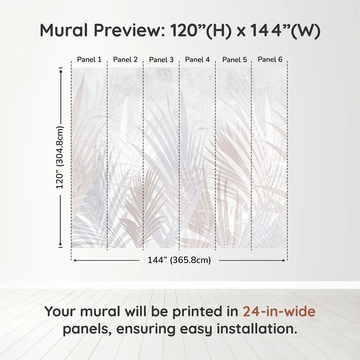Whimsy Tots Pastel Palm Leaves Wall Muraldimension view (120" H x 144" W). Printed in six 24-inch-wide panels. Gender-Neutral