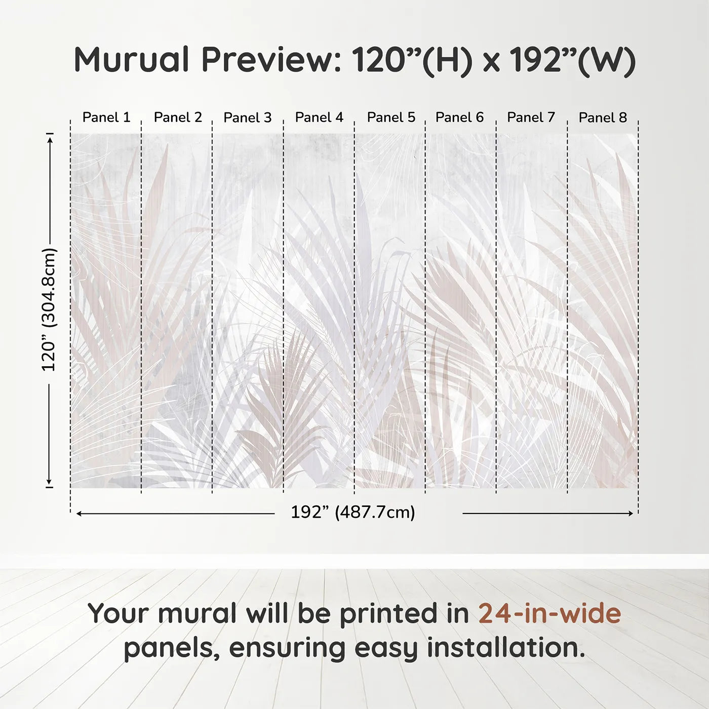 Whimsy Tots Pastel Palm Leaves Wall Muraldimension view (120" H x 192" W). Printed in eight 24-inch-wide panels. Gender-Neutral