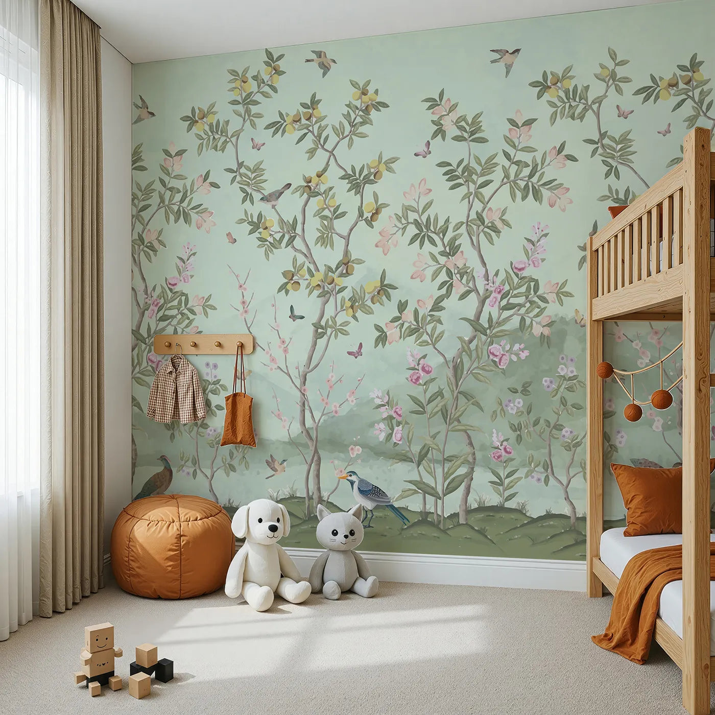 Angled view of Whimsy Tots' Chinoiserie Garden Panorama Wall Mural (Turn Their Room into an Elegant, Hand-Painted Paradise).Gender-Neutral