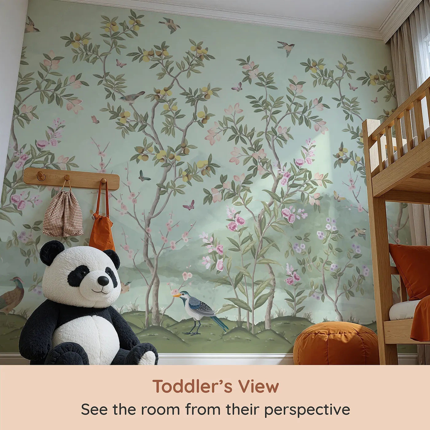Whimsy Tots Chinoiserie Garden Panorama Wall Mural (Turn Their Room into an Elegant, Hand-Painted Paradise) from your child's view.Gender-Neutral