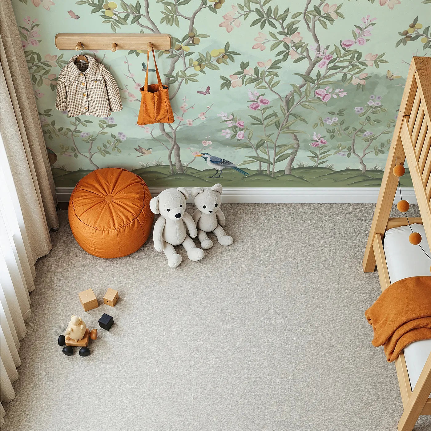 Top-down view of Whimsy Tots' Chinoiserie Garden Panorama Wall Mural (Turn Their Room into an Elegant, Hand-Painted Paradise).Gender-Neutral