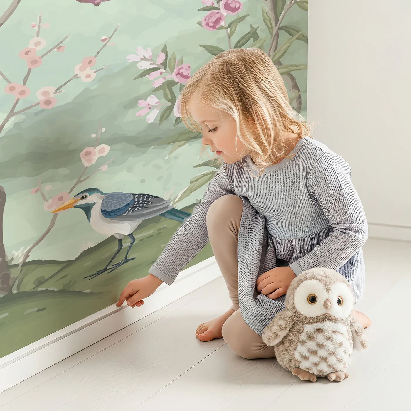 Child in front of Whimsy Tots Chinoiserie Garden Panorama Wall Mural with chinoiserie, vintage, floral, flower, bird, tree, green, classic in design.